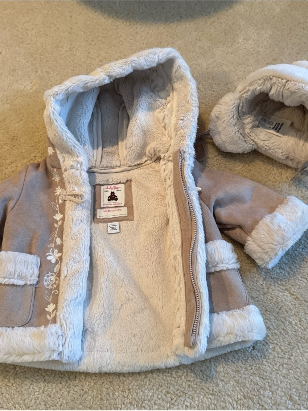 GAP Beige Faux Suede Hooded Pea Coat with Cream Fur Trim and bonus hat